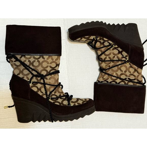 Coach Maisey Signature C Wedge‎ Boots Size 10 Khaki - Picture 3 of 9